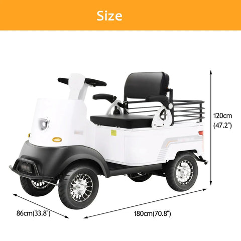 White 2-Passenger Electric Golf Cart Cruiser With Powerful 800W Motor Reaching 12 Mph Top Speed And Generous Storage Trunk For Convenience, size dimensions shown.