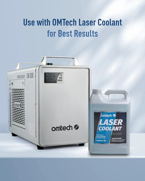 Heavy Duty Compact Six Liter Water Chiller For Laser Engraving Machines with OMTech Laser Coolant beside it.