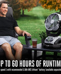 Man sitting outdoors with Beast 10 Inch Oscillating Misting Fan With 1700 CFM And 20 MPH Air on a table beside him