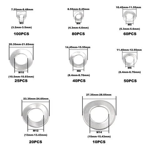 Premium Metric Wave Spring Washer Assortment Kit 304 Stainless Steel 385 Piece Set showing various sizes and quantities for M3 to M14 bolts.