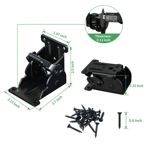 Four Pack Folding Table Leg Brackets Adjustable Zero To Ninety Steel Hinges For Workshop Tables Desks Rust Proof Black Finish Holds Five Hundred Pounds Each Dang Sturdy Hardware with dimensions and screws.