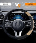 Top Shelf Leather Steering Wheel Cover Universal For Almost Every Ride Easy Swap Non Slip Beige Auto Accessory, before and after comparison.