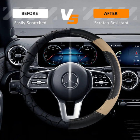 Top Shelf Leather Steering Wheel Cover Universal For Almost Every Ride Easy Swap Non Slip Beige Auto Accessory, before and after comparison.