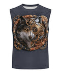 Heavy Duty Mens Dry Fit Tank Top Boasting Sharp Viking Wolf Artwork Next Level Stretch Fabric Sleeveless Crewneck Gym Workout Tee Built For All Day Wear front view with gear design.