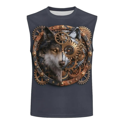 Heavy Duty Mens Dry Fit Tank Top Boasting Sharp Viking Wolf Artwork Next Level Stretch Fabric Sleeveless Crewneck Gym Workout Tee Built For All Day Wear front view with gear design.