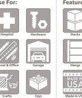 Diagram showing icons and features of heavy duty stackable plastic storage bins for garage, pantry, craft rooms, and more.