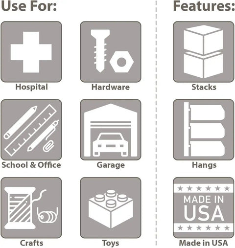 Image showing uses and features of Stackable Plastic Storage Bins for Garage Pantry and Craft Organization, 24 Pack.