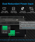 Close-up of Industrial 10 Port Gigabit Ethernet Switch with dual redundant 12-48V DC power input, showing voltage and connection details.