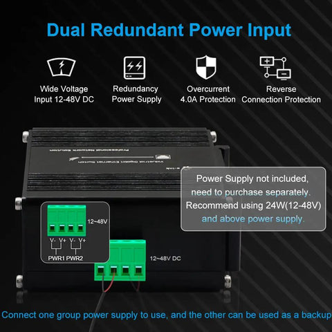 Close-up of Industrial 10 Port Gigabit Ethernet Switch with dual redundant 12-48V DC power input, showing voltage and connection details.