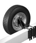 Heavy-Duty Spare Tire Mount Bracket for Trailers with wheel, tough black powder-coated steel, attached to trailer tongue.