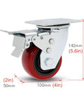 Heavy Duty Swivel Caster Wheels With Smooth Rolling Polyurethane Tires And Sturdy Galvanized Brackets, 4in red wheel