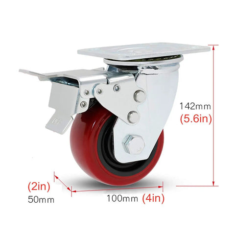 Heavy Duty Swivel Caster Wheels With Smooth Rolling Polyurethane Tires And Sturdy Galvanized Brackets, 4in red wheel