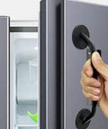 Sleek Aluminum Fridge Door Handle With Self Adhesive Mount No Drill Needed For Easy Kitchen Appliance Upgrade And Rental Friendly Installation, black handle in use.