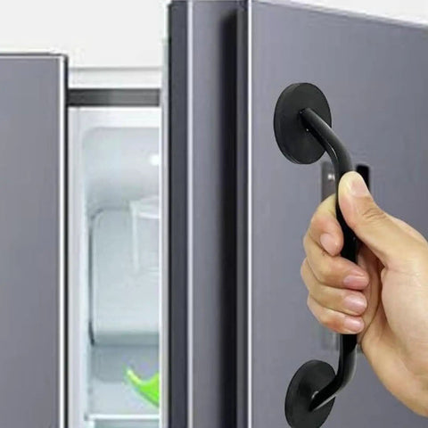 Sleek Aluminum Fridge Door Handle With Self Adhesive Mount No Drill Needed For Easy Kitchen Appliance Upgrade And Rental Friendly Installation, black handle in use.