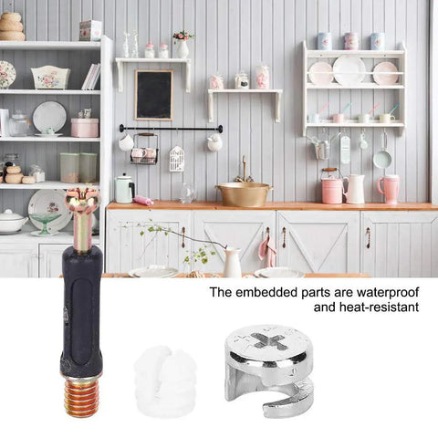 No Sweat Cam Lock Nuts And Connecting Screws With Eccentric Wheels For Furniture Assembly A Rock Solid 300 Piece Kit components in a kitchen setting.