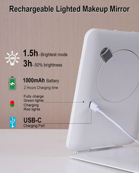 Back view of Rechargeable Travel Makeup Mirror With Light 7x5 Inch Portable Lighted Vanity Mirror 10X Magnifying LED showing USB-C port and charging indicator.