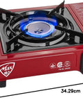 Red MS-2500 Portable Butane Stove with blue flame, dimensions shown, CSA Certified, for camping and outdoor cookouts.
