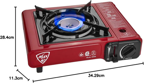 Red MS-2500 Portable Butane Stove with blue flame, dimensions shown, CSA Certified, for camping and outdoor cookouts.