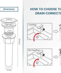 Diagram showing dimensions of Vessel Sink Drain With Pop Up Stopper And Detachable Basket Strainer No Fuss Anti Clog Drain Assembly