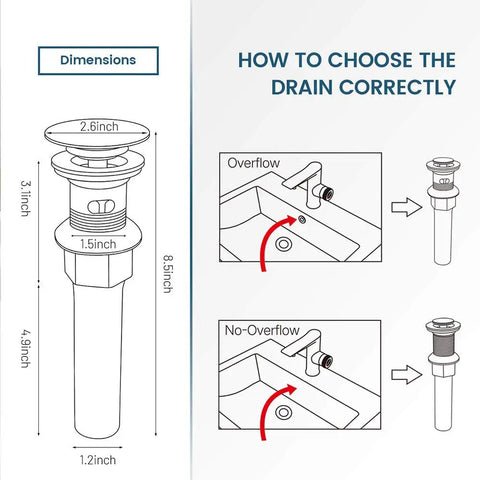 Diagram showing dimensions of Vessel Sink Drain With Pop Up Stopper And Detachable Basket Strainer No Fuss Anti Clog Drain Assembly