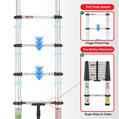 Ultra Lightweight Aluminum Telescoping Ladder For Home DIY Use with soft close system and dual locking bolts details.