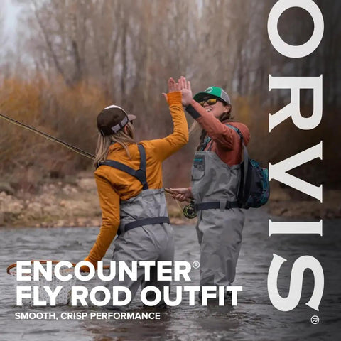 Two anglers high-fiving while using Beginner Fly Rod Outfit For Young Anglers 9 Foot 5 Weight 4 Piece Rod With Reel Line.