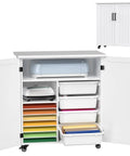 Rolling Craft Cart With Storage Cabinet And Drawers For Cricut Projects, A Mobile Table For Vinyl, Paper, Tools, And Accessories, 31.6W X 15.8D X 34.9H, Four Plastic Drawers For Easy Organization showing with doors open, revealing compartments for crafting materials.