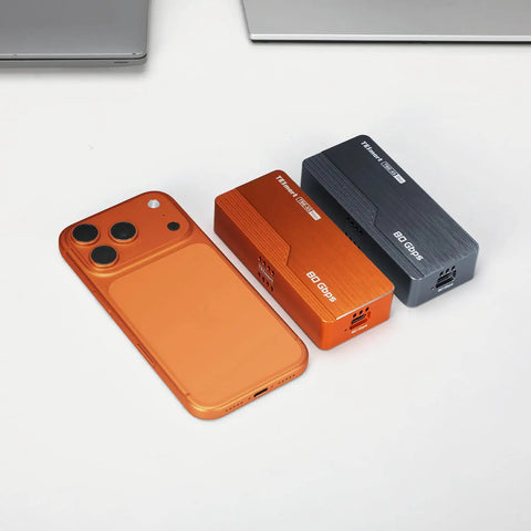Straight Up Blazing Fast M.2 NVMe SSD Enclosure Built For Power Crews Who Want Zero Lag Data Transfers, featuring orange and gray external drive cases.
