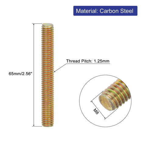 10 Pack M8-1.25 Carbon Steel Fully Threaded Rods, 65mm Length, Zinc Plated, showing close-up of thread and material details