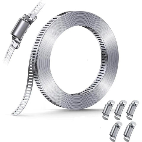 Super Cool Adjustable Stainless Steel Hose Clamp DIY Kit With Worm Gear For Fuel Line Pipe Tube Repair In Automotive Marine And Garden Projects Featuring Premium 304 Grade Metal Strap Custom Fit For Any Diameter Up To Massive Dimensions And Irregular; coiled strap and clamps