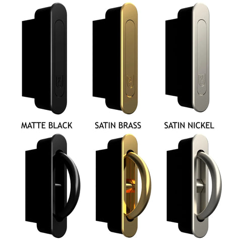 Pocket Door Pull Swivel Handle With Concealed Hardware And Quick Install Kit in Matte Black, Satin Brass, and Satin Nickel Finishes
