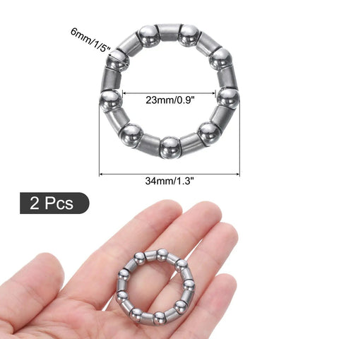 Bicycle Crank Ball Bearing Set One Fifth Inch 6mm Ball Size With Nine Balls Per Bearing Two Pack held in hand, dimensions shown