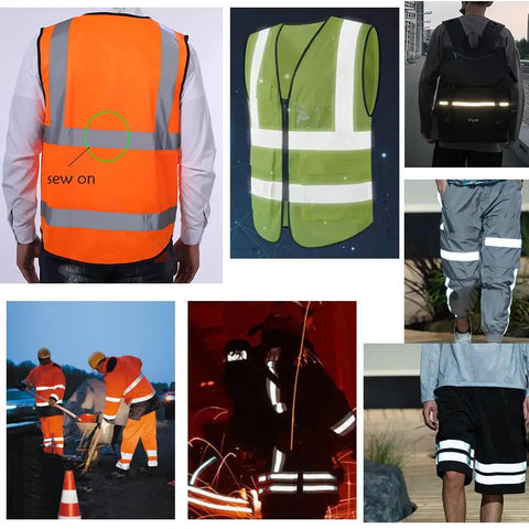 High Visibility Silver Reflective Sew On Fabric Tape Strips on vests, jackets, and pants for clothing edging, non-stretch