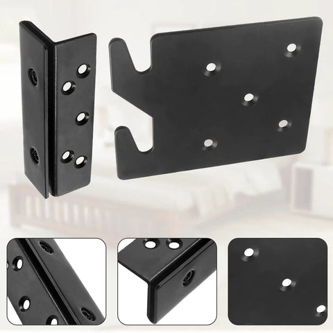 Tough As Nails Double Hook Slot Bed Frame Brackets With Headboard Support Plates, black iron material for bed frame stability.