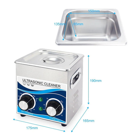 Heavy Duty 1.3L Ultrasonic Cleaner Machine With Cooling Fan And Double Safety Switch, stainless steel, dimensions labeled.