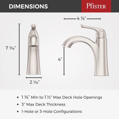 Dimensions of One Hole Single Handle Bathroom Sink Faucet In Brushed Nickel With Push And Seal Drain, side and front view