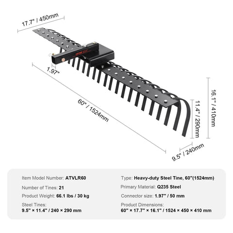 Tow Behind Landscape Rake 60 Inch Dethatcher With 21 Steel Coil Tines for Leaves Pine Needles and Grass, Q235 Steel, dimensions labeled