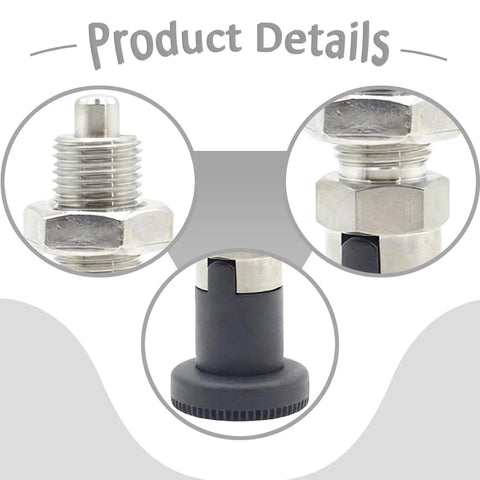 Top Shelf Stainless Steel Indexing Plunger With Easy Grab Nylon Handle And No Hassle Self Locking Design For Quick Workshop Clamping and Heavy Duty Fabrication Work close-up of parts including stainless steel and nylon.