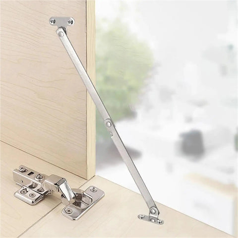 Sturdy Stainless Steel Door Stay Hinges Set, 2 Pack For Windows And Cabinets, showing two fold lift up rods installed on wood surface