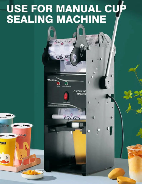Cup Sealing Machine For Coffee Shops And Milk Tea Bars Includes Two Rolls Of Sealing Film White Finish Seals PP Cups At 160 To 200 C Best At 180 C Quick And Clean Service For Grab And Go Takeaway Drinks