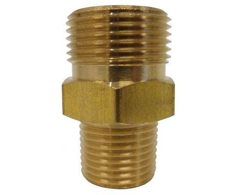 Brass high-pressure adapter fitting with M22 to 3/8-inch male pipe threads and hex center nut