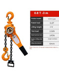 Heavy Duty Hand Pull Hoist 0.8 Ton Manual Chain Tensioner Lifting Rig For Garage, Construction Or Jobsite With 1.5 Meter High Reach and smooth ratchet action.