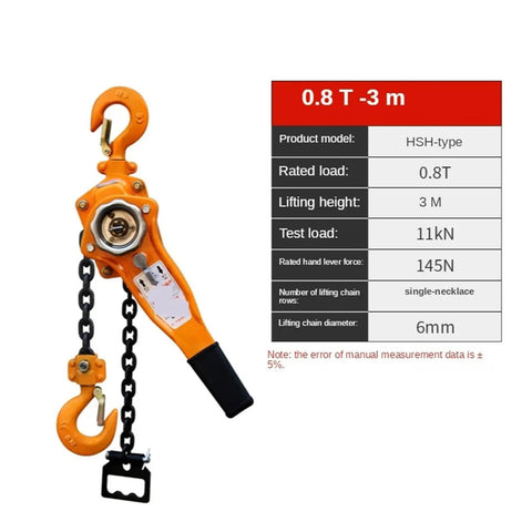 Heavy Duty Hand Pull Hoist 0.8 Ton Manual Chain Tensioner Lifting Rig For Garage, Construction Or Jobsite With 1.5 Meter High Reach and smooth ratchet action.