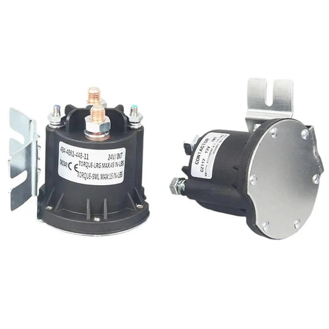Heavy Duty Forklift Relay Start Switch And Electric Stacker Oil Pump Contactor 12V 24V showing two contactor units with metal brackets.
