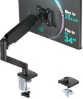 Single Monitor Arm Mount For 13 To 34 Inch Screens, Adjustable Desk Mount shown with VESA 75x75, 100x100 compatibility, sleek black design.