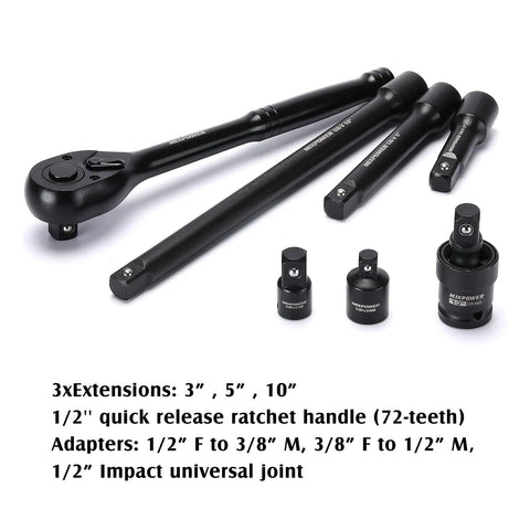 Heavy Duty One Half Inch Drive Impact Socket Set With SAE And Metric Sockets, ratchet and extensions shown with adapters