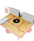 Dead Nuts Precision Manual Router Lift System And Heavy Duty Aluminum Table Insert Plate dimensions and features, gold aluminum with measurements.