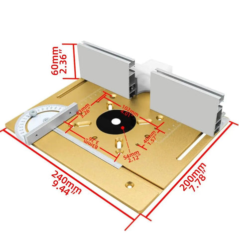 Dead Nuts Precision Manual Router Lift System And Heavy Duty Aluminum Table Insert Plate dimensions and features, gold aluminum with measurements.