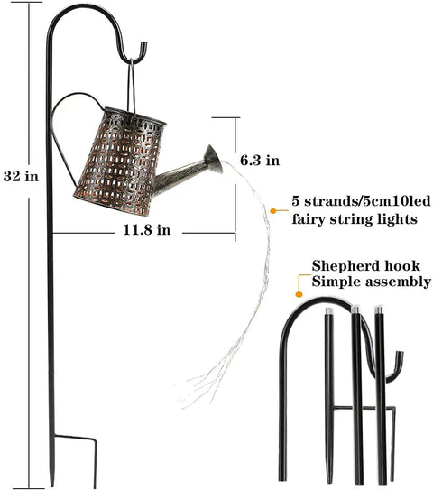 Solar Watering Can Garden Decor with Outdoor Lights Waterproof Hanging Lantern for Table Patio Porch Yard and Lawn featuring 50 LED Copper Coin Pattern Fairy Lights and a 32 Inch Shepherd Hook.