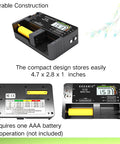 Straight Shooting Battery Tester For AA AAA C D And 9V Household Cells With Precise Digital Voltage Readings and a compact design shown at 4.7 x 2.8 x 1 inches.